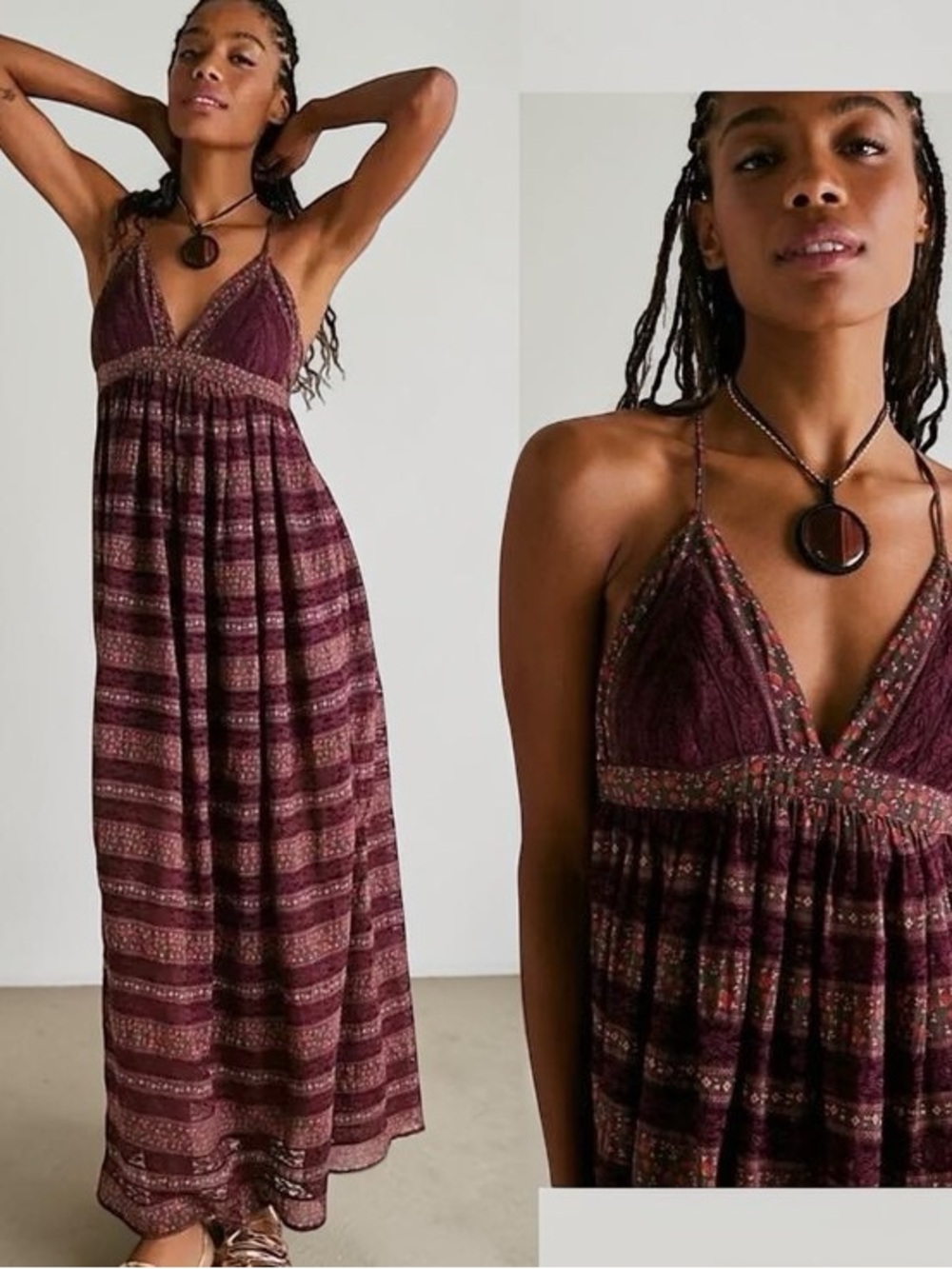 Free People Lotus Boho Maxi Dress with Plunge Neckline 100% Cotton Size S